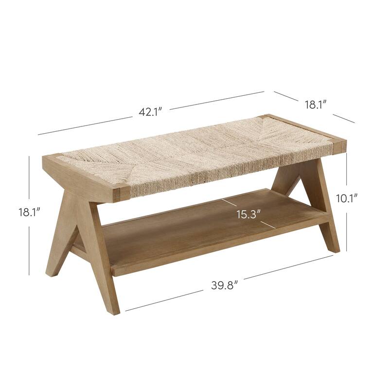 Beacon Bohemian Bench Seat with Shoe Storage, Seagrass Entryway or End of Bed Bench with Solid Wood Frame