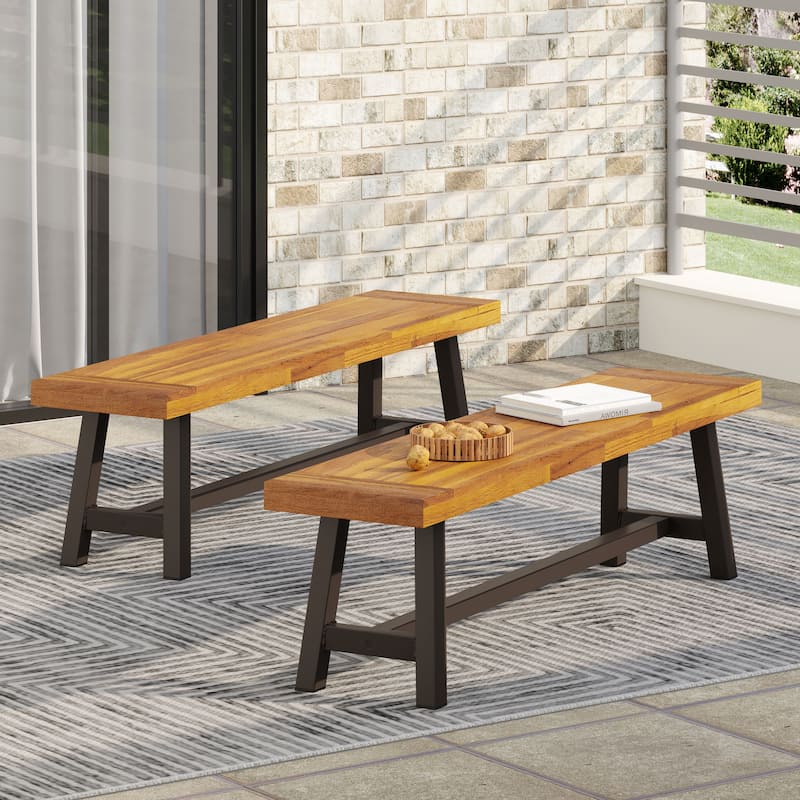 Roomfitters Modern Outdoor Benches with Sandblasted Brown Wood Top and Rustic Metal Legs, Stylish for Garden, Set of 2