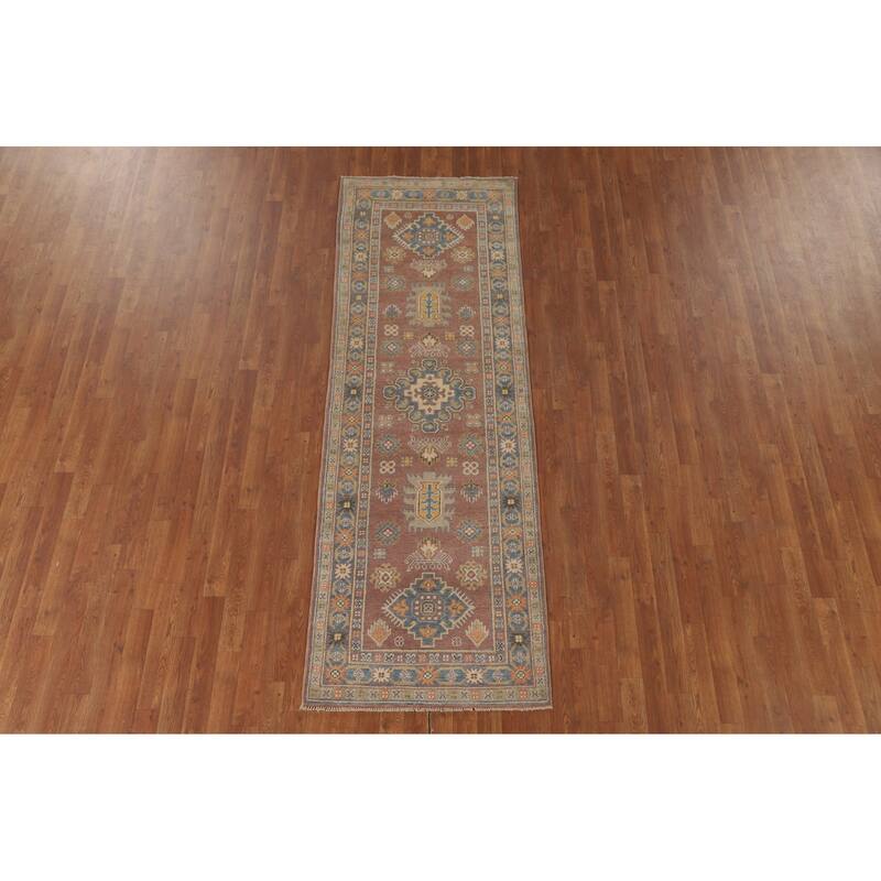 Geometric Brown Kazak Runner Rug Handmade Wool Carpet - 2'10" x 8'4"