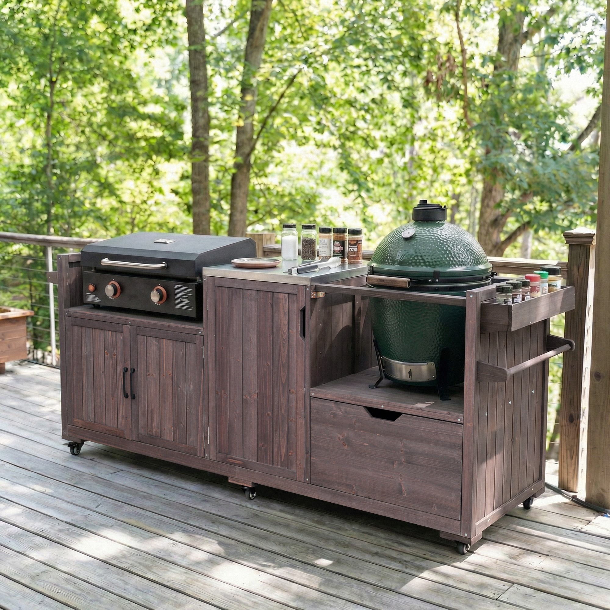 Solid Wood 80.5" Outdoor Kitchen Island for Big Green Egg& Blackstone Griddle, Grill Cart Table with Stainless Steel Top