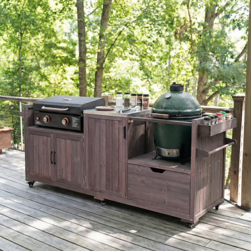 Solid Wood 80.5" Outdoor Kitchen Island for Big Green Egg& Blackstone Griddle, Grill Cart Table with Stainless Steel Top - Dark Brown