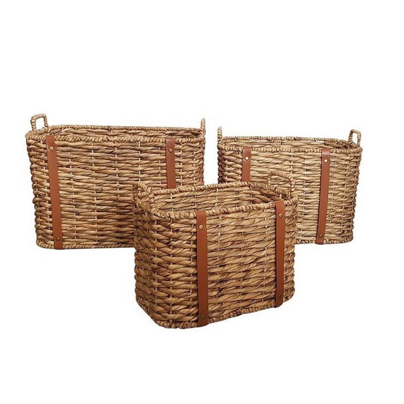 DreamPatio Rosa Water Hyacinth Basket Set with PU Leather (3 pieces)