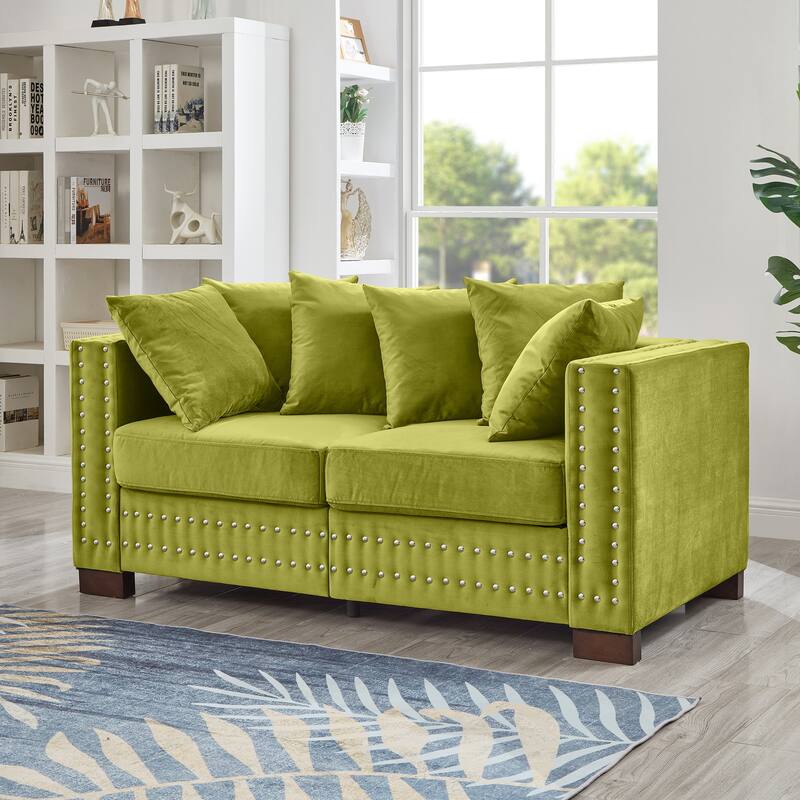 Velvet Loveseat Sofa with Storage, Comfy Upholstered Deep Seat Sofa, 2-Seater Sofa with Nailhead Trim & 6 Throw Pillows - Green