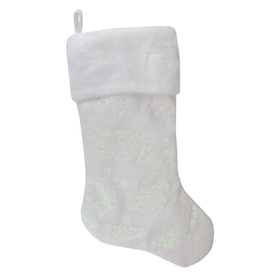 22" LED Lighted White Iridescent Glittered Snowflake Christmas Stocking