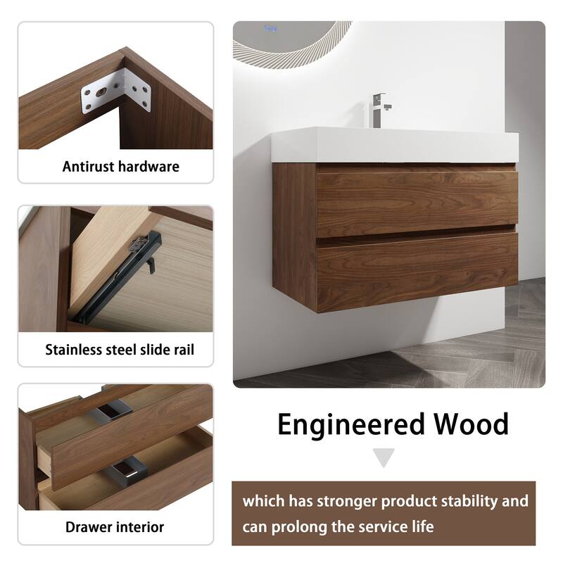24/30/36 Single Sink Wall-Mounted Bathroom Vanity with Integrated Thick Edge Resin Sink