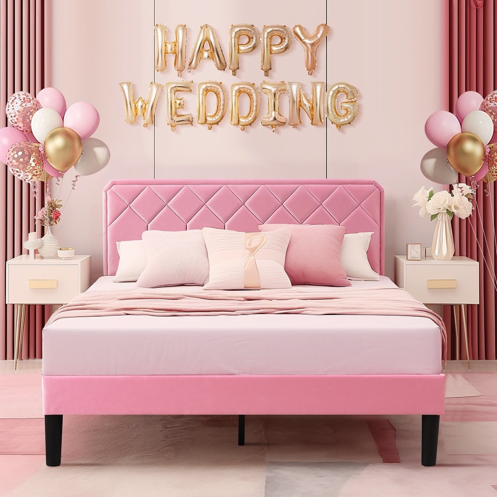 VECELO Adjustable Height Velvet Upholstered Bed Diamond Tufted Headboard with 7.8" Underbed Storage No Box Spring Needed