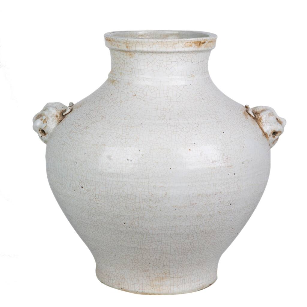 Double Lion Head Handle Jar White Crackle