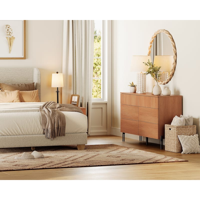 WAMPAT 2 Pcs Bedroom Set, 6 Drawer Dresser And Nightstand Set For Bedroom,Hidden Handles, Reed Pattern & Double Chopsticks Legs