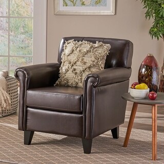 Roomfitters Faux Leather Accent Chair with Rolled Arms and Tapered Legs, Upholstered Armchair for Living Room or Study, Brown