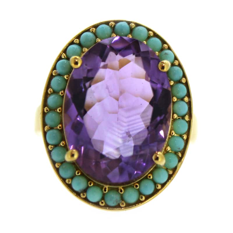 18K Yellow Gold Over Sterling Silver African Amethyst, Campitos Turquoise Ring