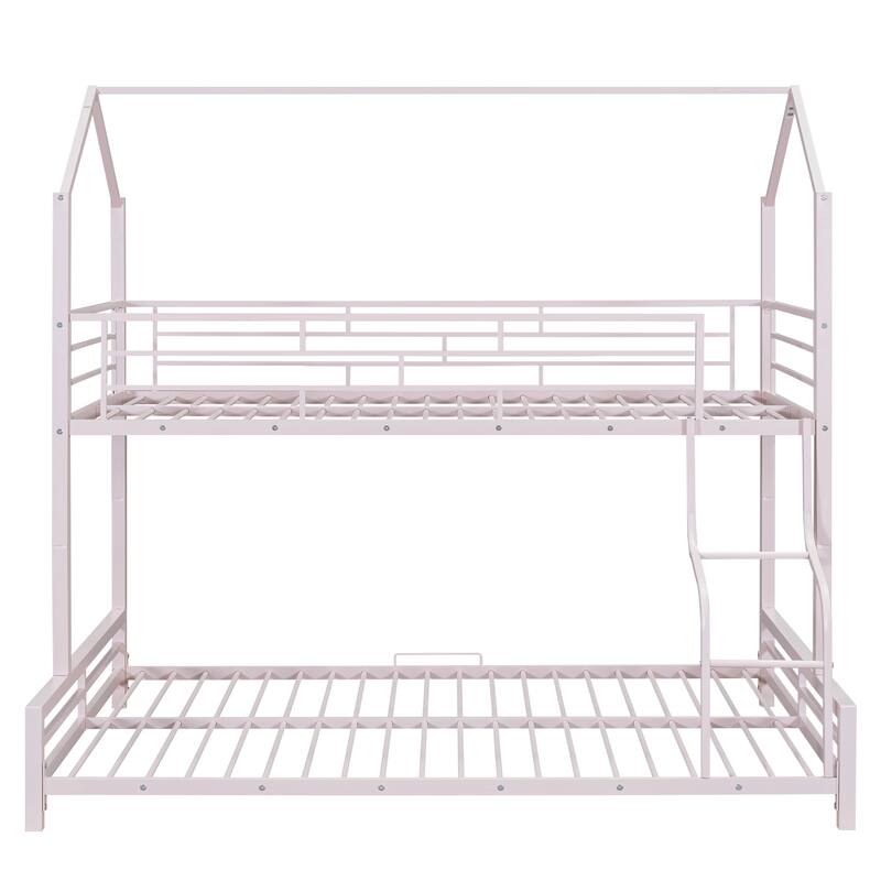 Twin Over Full Kids Heavy Metal House Low Bunk Bed, Convertible Floor Bunk Bed Frame with Full-Length Guardrail and Ladder