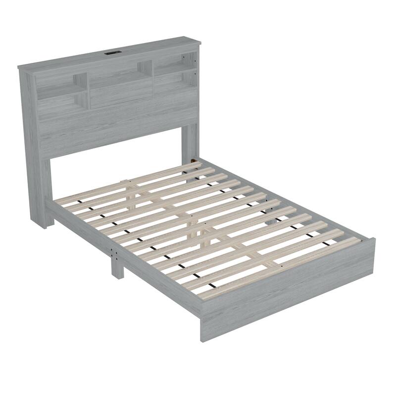 Wooden Platform Bed with Storage Headboard and USB Charging Ports