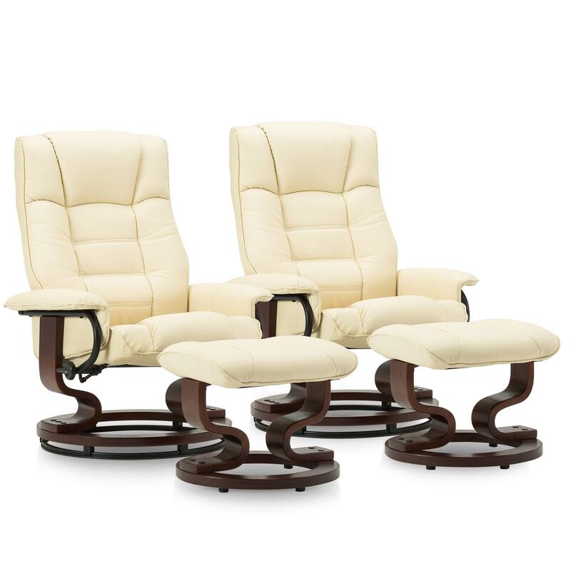 MCombo Set of 2 Swivel Recliner Chair with Wood Base and Ottoman - Cream White