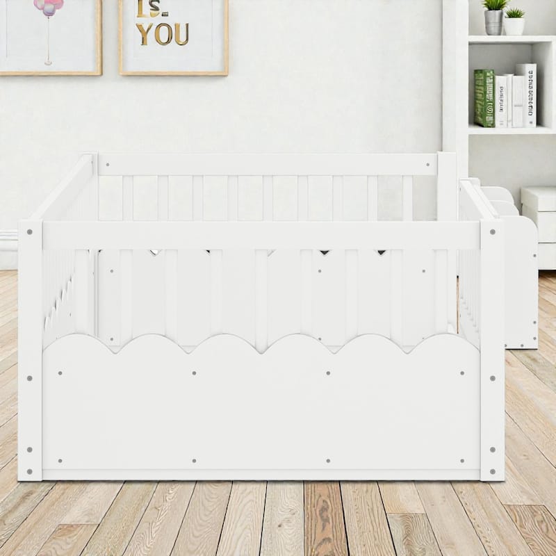 Twin Floor Bed with Heightened Fence and Bookshelf, Wooden Montessori Floor Bed for Kids, Low Profile Design