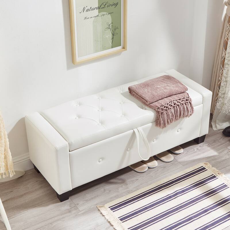Tufted Faux Leather Storage Ottoman Bench for Bedroom, Living Room & Hallway, 48" Multifunctional Upholstered End of Bed Bench - Ivory White