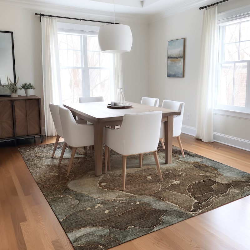 Machine Washable Indoor/ Outdoor Abstract Chantille Rug - 8' x 10' - Brown