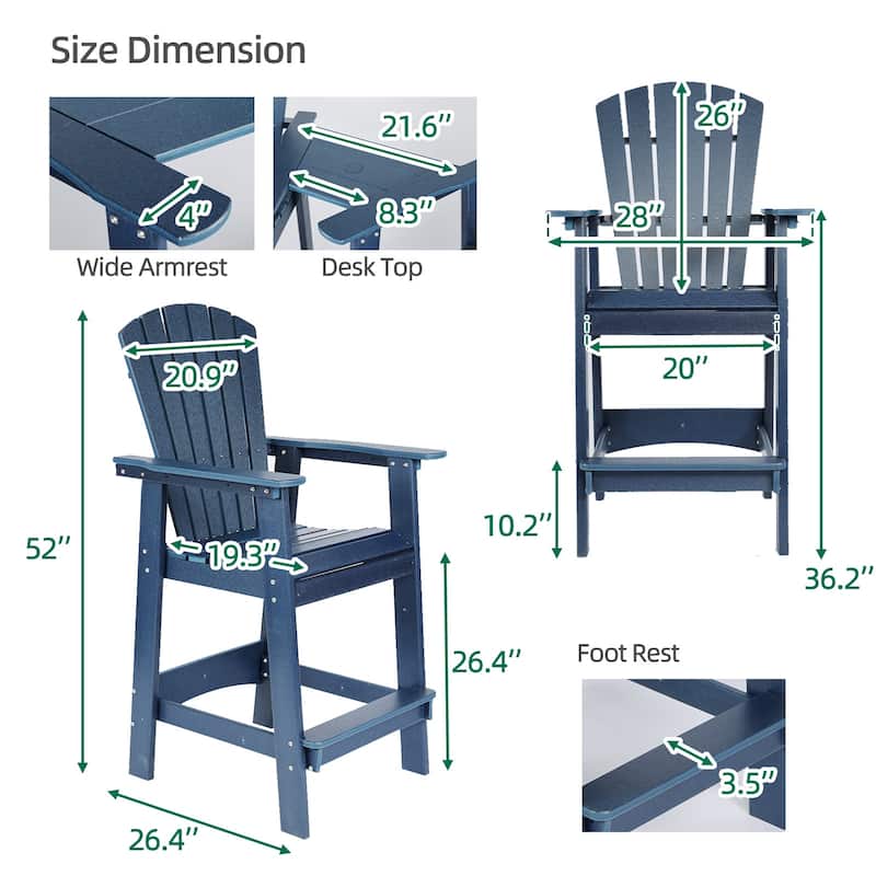 Aoodor Tall Adirondack Chairs Set of 2,HDPE Patio Bar Stool