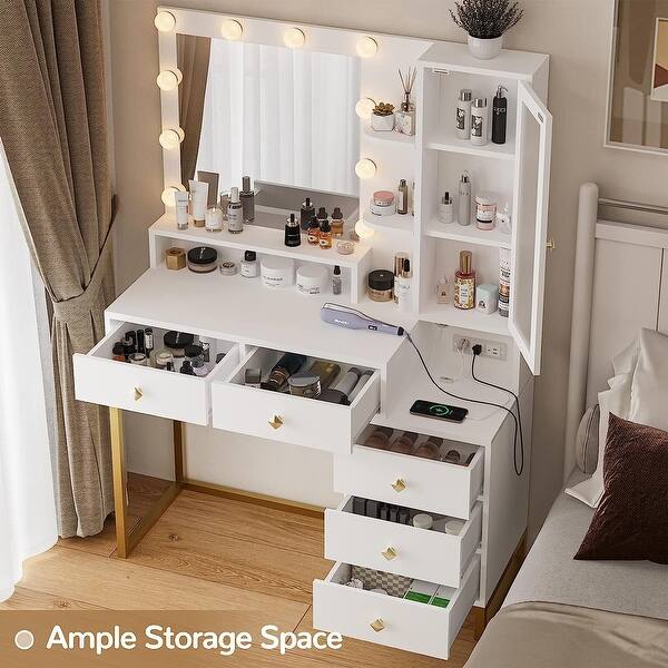 Makeup Vanity with Charging Station Mirror with Lights 5 Drawers
