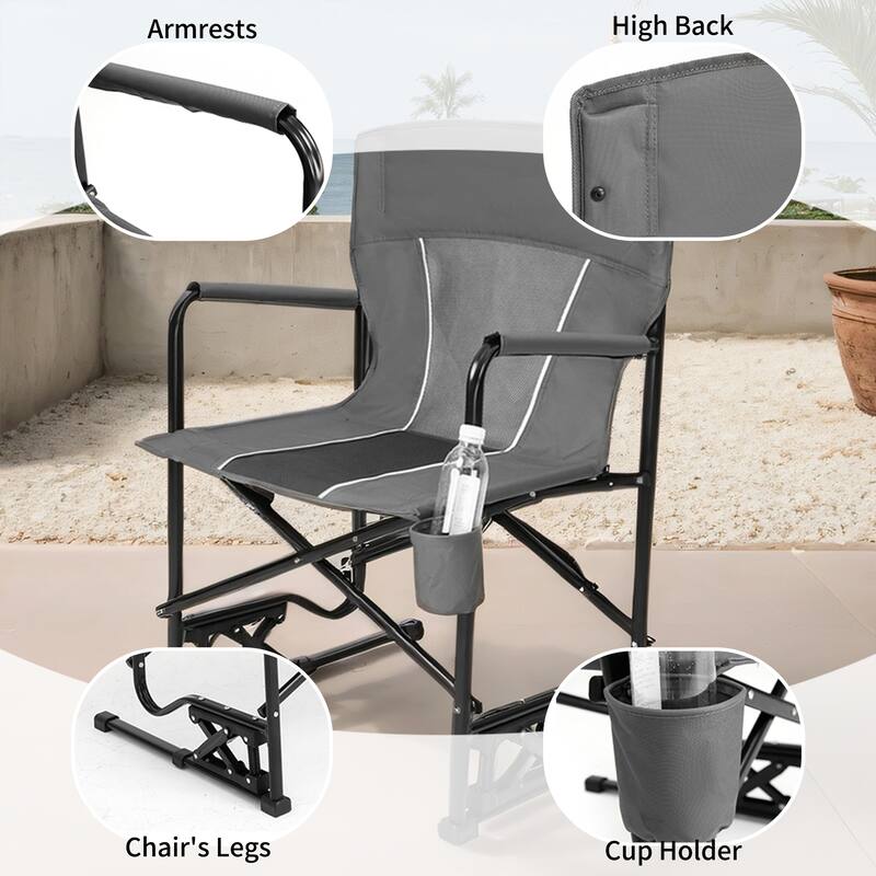 Outdoor Portable Folding Rocking Chair with Armrests and Drink Holder