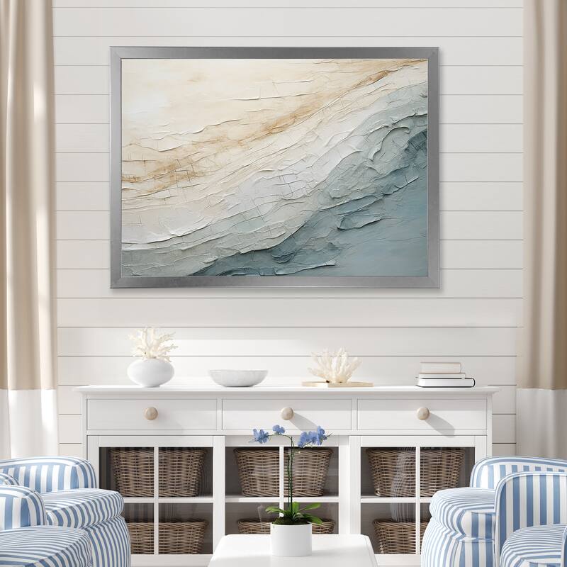 Designart "Minimalism Beige And Grey Wave Horizon I" Coastal Minimalism Framed Wall Decor - 32 in. wide x 24 in. high - Silver