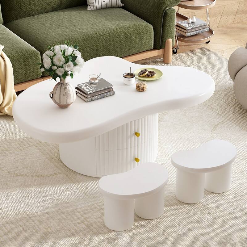 Cream Style Cloud-Shaped Coffee Table Set of 3, Irregular Design Cocktail End Table with Storage Drawer & 2 Small Stools