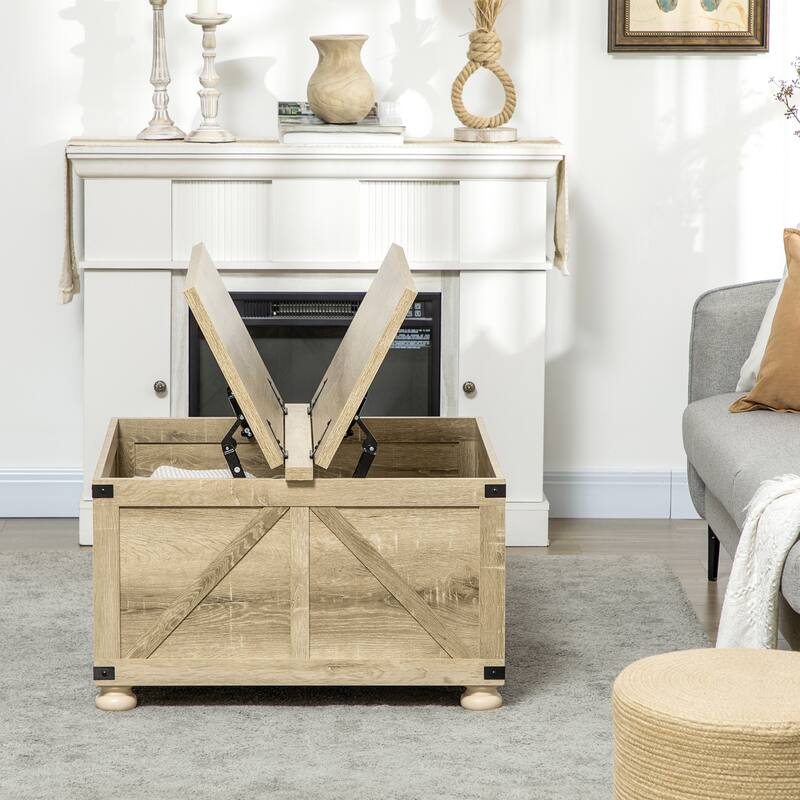 Farmhouse Coffee Table with Storage, Square Coffee Table for Living Room, Wooden Table