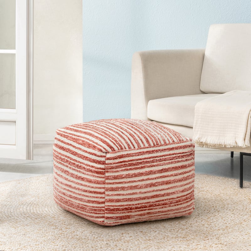 Jani 22-inch Ottoman Pouf - Handcrafted Handmade Round Ottoman for Seating, Footrest, Home Decor for Living Room, Bedroom - Red