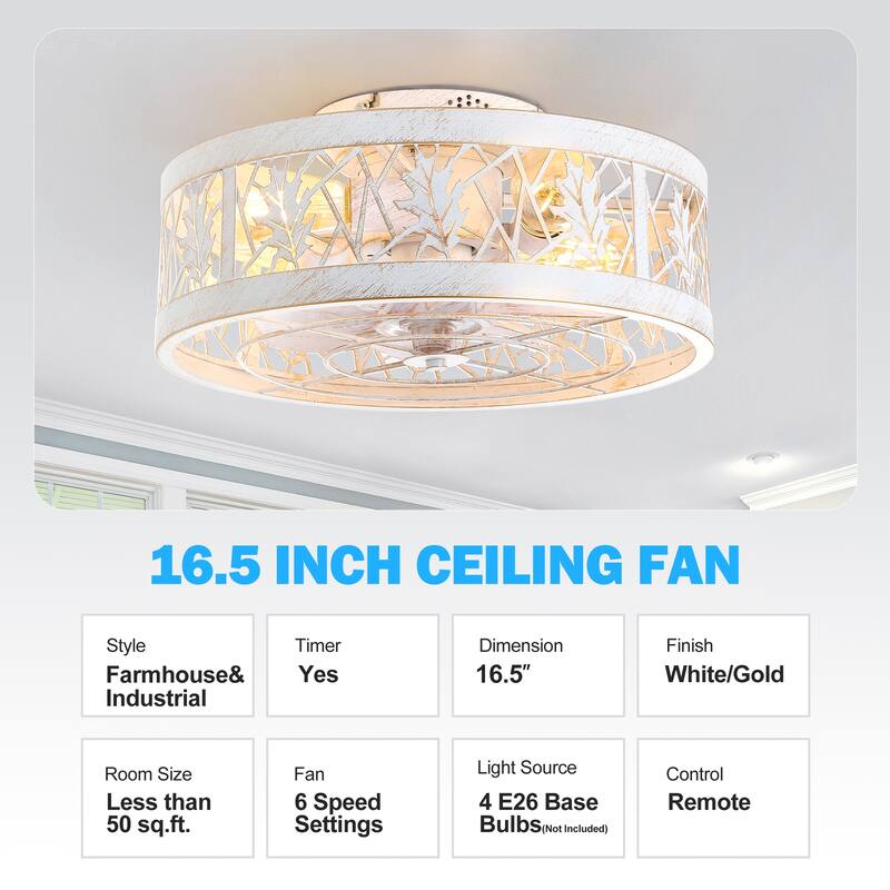 16.5" Vintage Distressed White 7-Blade Caged Ceiling Fan with Remote and Light