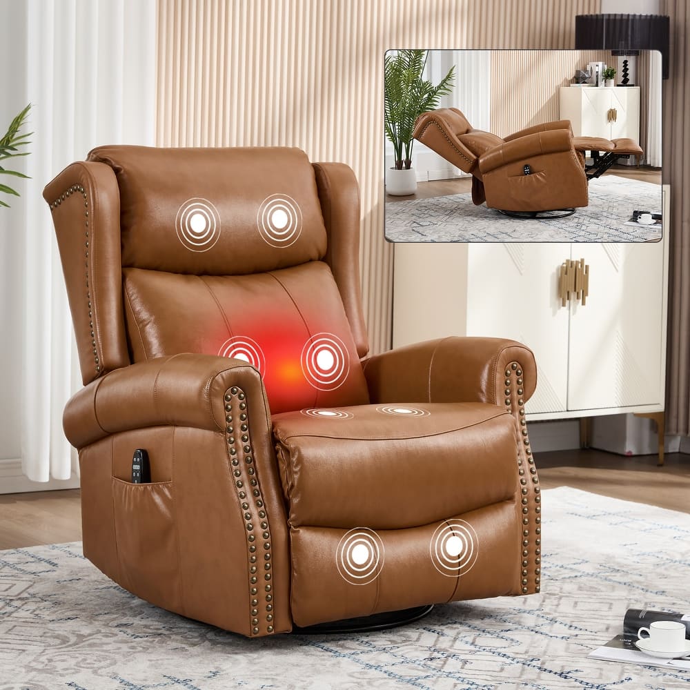 Manual Recliner Chair with Heat & Massage, Genuine Leather Swivel Recliner Chair, Lounge Sofa Chair with Side Pockets