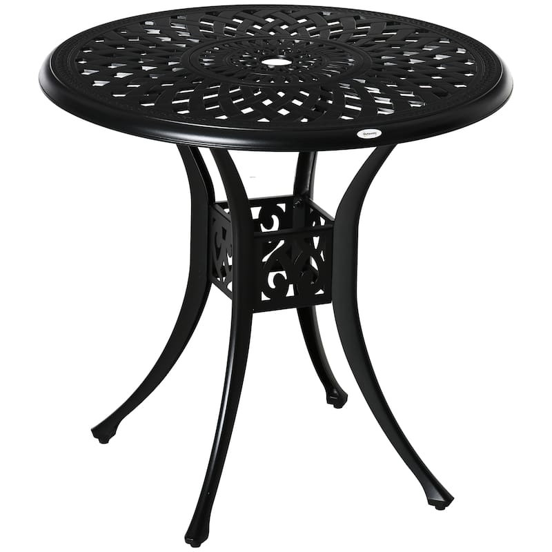 30" Round Patio Dining Table with Umbrella Hole, Antique Cast Aluminum Outdoor Bistro Table Only, Black - Black