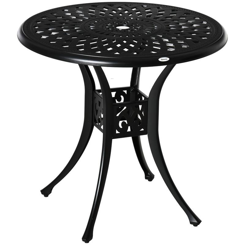 30" Round Patio Dining table with Umbrella Hole, Antique Cast Aluminum Outdoor Bistro table Only, Black
