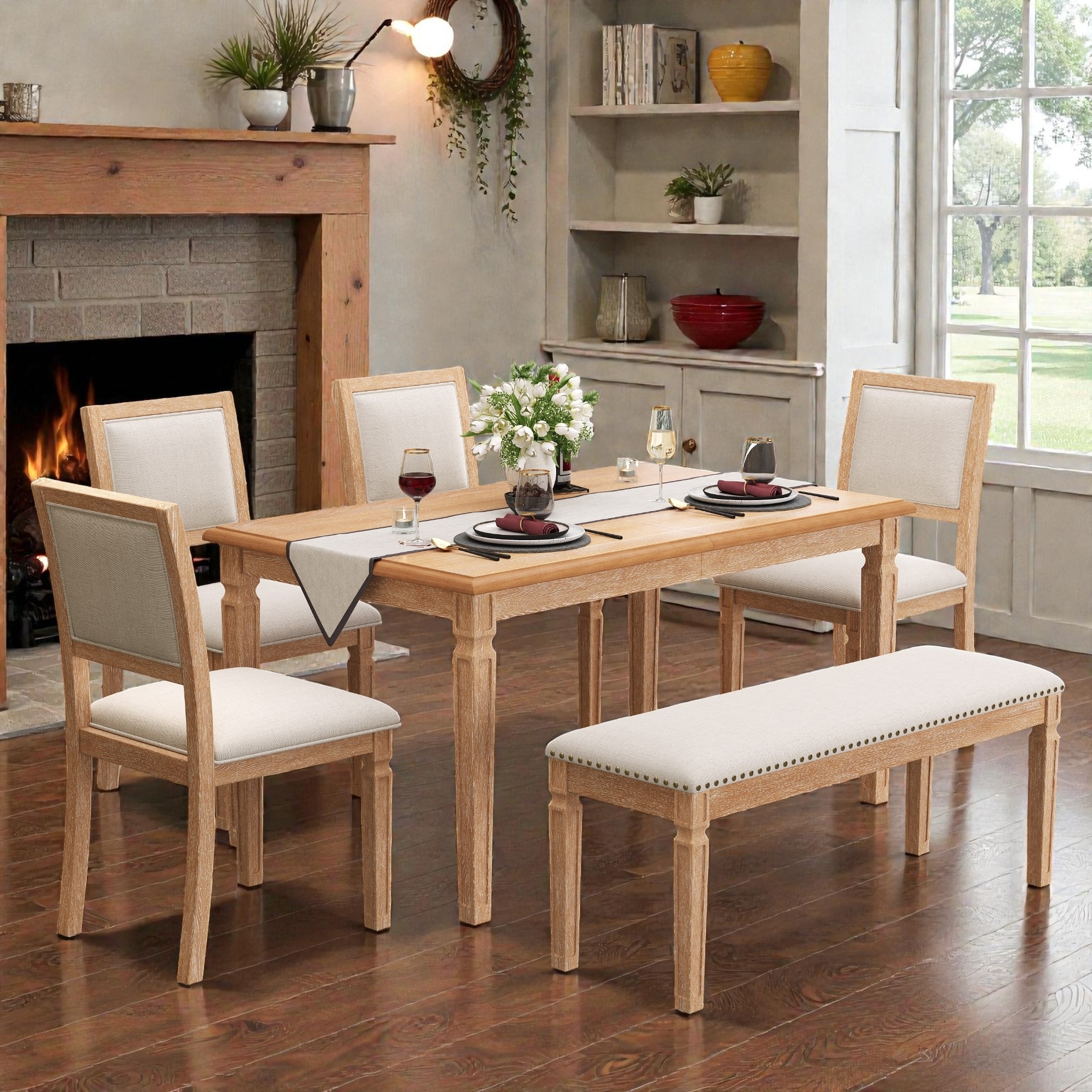 Vintage Extendable 6-Piece Dining Table Set for 4-6, 59-72 Inch Table with 4 Upholstered Chairs and Bench, Kitchen Table
