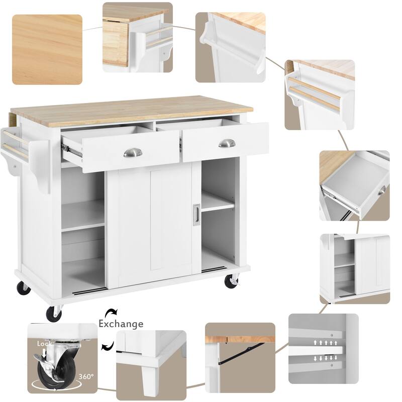 Wooden Kitchen Island with Rubber Drop-Leaf Countertop, Rolling Storage Cabinet wConcealed Sliding Barn Door & Adjustable Height