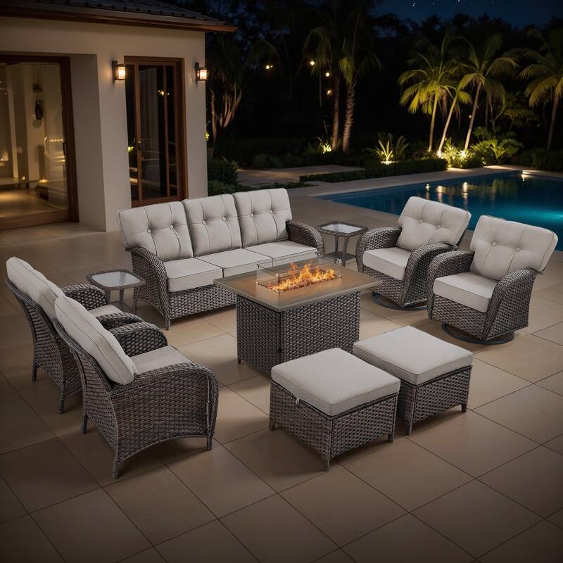 Gymojoy Outdoor Wicker Patio Furniture Sofa Set with 55,000 BTU Fire Pit Table, Swivel Chairs & Thick Cushions