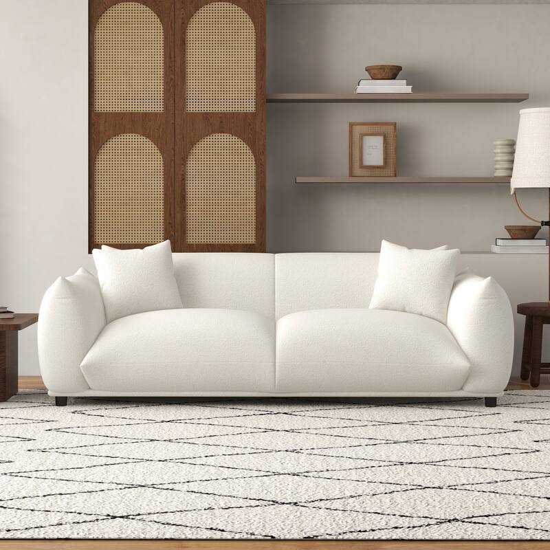 Mansan Mid Century Modern Luxury Tight Pillow Back French Boucle Couch in Cream - Cream