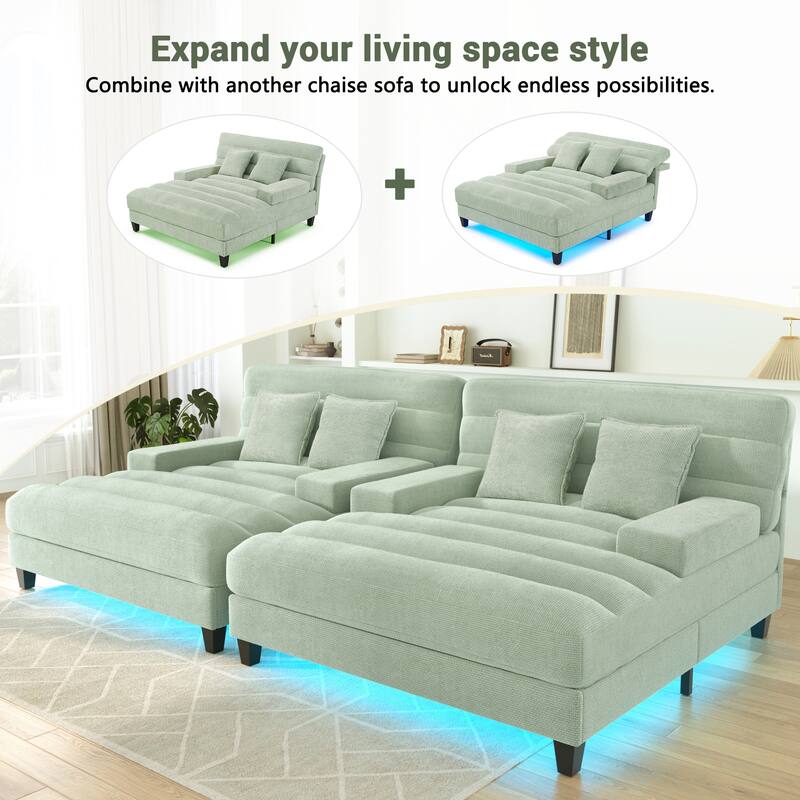 Modern Chaise Lounge Sofa 57.1" Sofa Bed Chenille Upholstered Lounge Sofa Chair with Adjustable Backrest and LED Light Strip