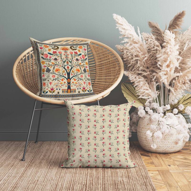 Indian Folk Art Tree Faux Suede Reversible Throw Pillow Beige and Orange