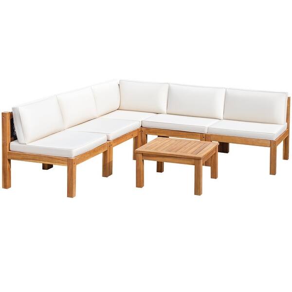 Furniwell Acacia Wood Patio Conversation Set Rope Woven Outdoor Sectional Sofa with Table and Cream Cushions