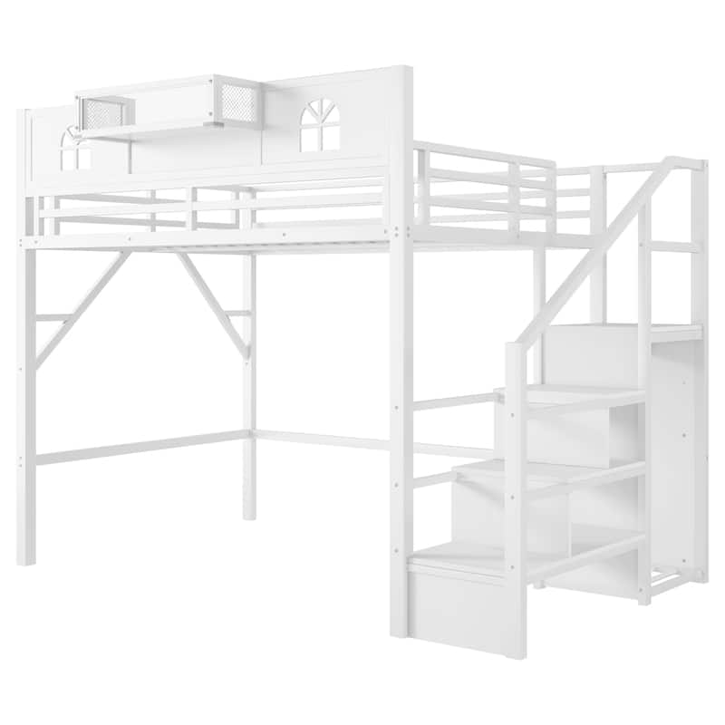 White High Loft Bed Frame with Storage Stairs and Wardrobe, Loft Metal Frame Bed with High House Shaped Guardrails for Kid Teens