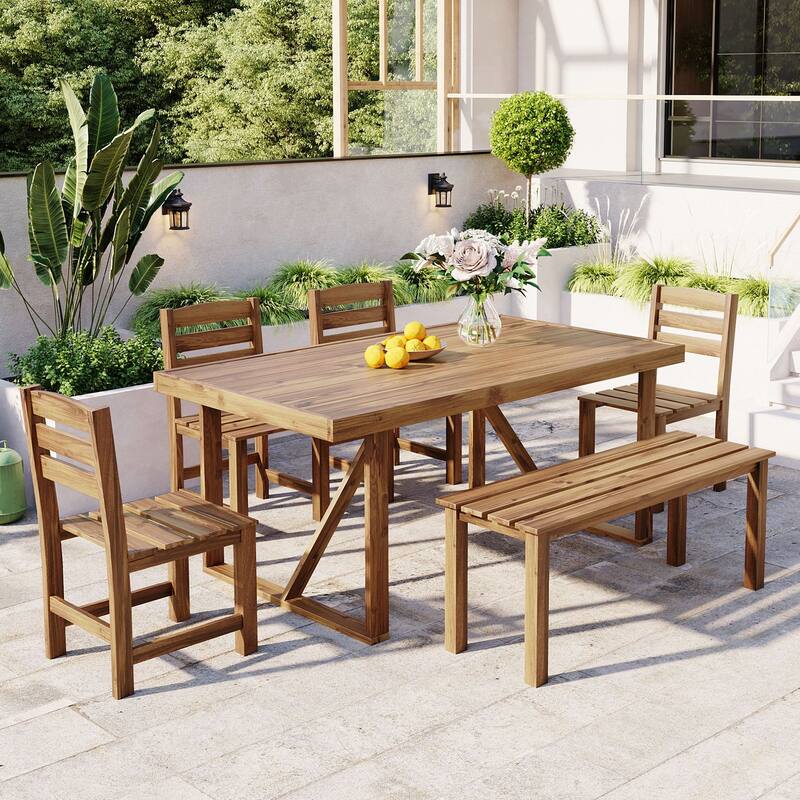 Premium Acacia Wood 6-Piece Outdoor Dining Set, Table, Bench & Chairs, Weather-Resistant Patio Furniture