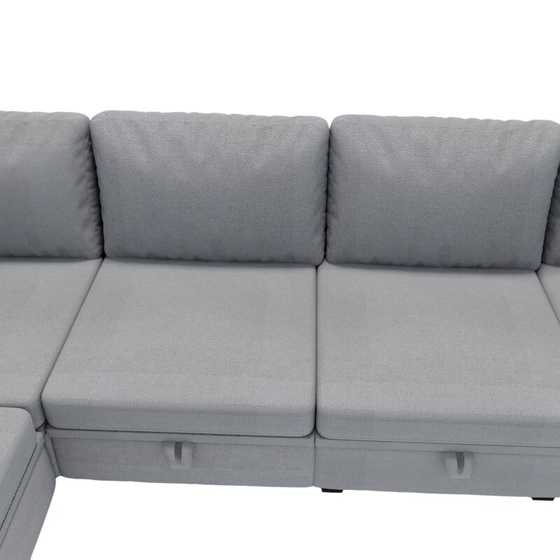 Linen Fabric U Shaped Modular Couch Set with Ottomans and Storage Seats