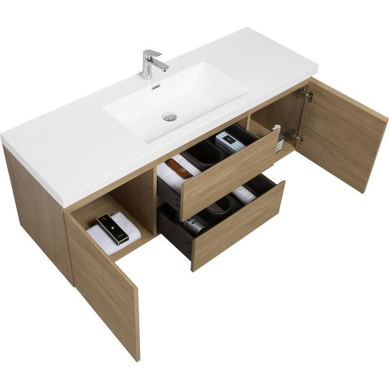 ABRUZZO 60" Floating Bathroom Vanity with Integrated Resin Top Basin 2 Cabinets 2 Soft Close Drawers Full Assembly