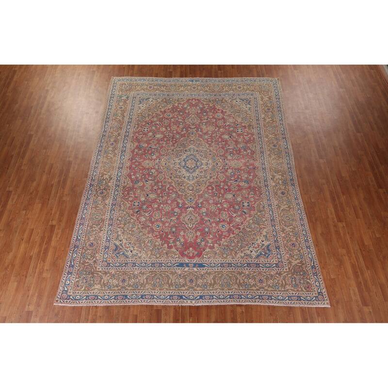 Traditional Pink Mashad Persian Vintage Rug Hand-Knotted Wool Carpet - 9'4" x 12'5"