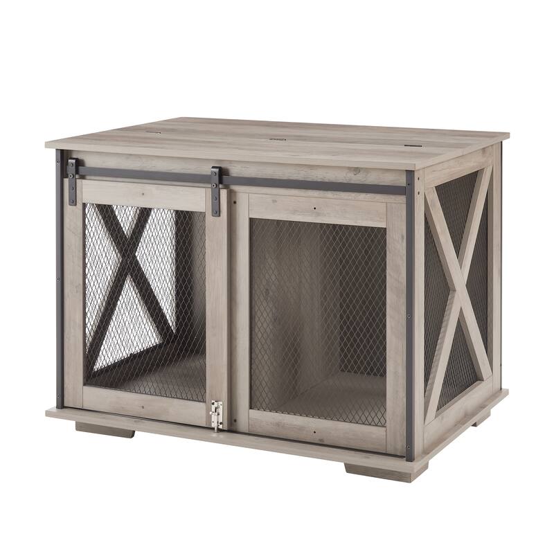Farmhouse Dog Cage Crate Furniture with Sliding Barn Door, Wood Dog Kennel End Table, Flip-top Plate, Detachable Divide - Grey