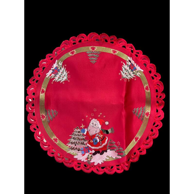 Santa Red Embroidered Cutwork Round Placemat, 23-Inch diameter