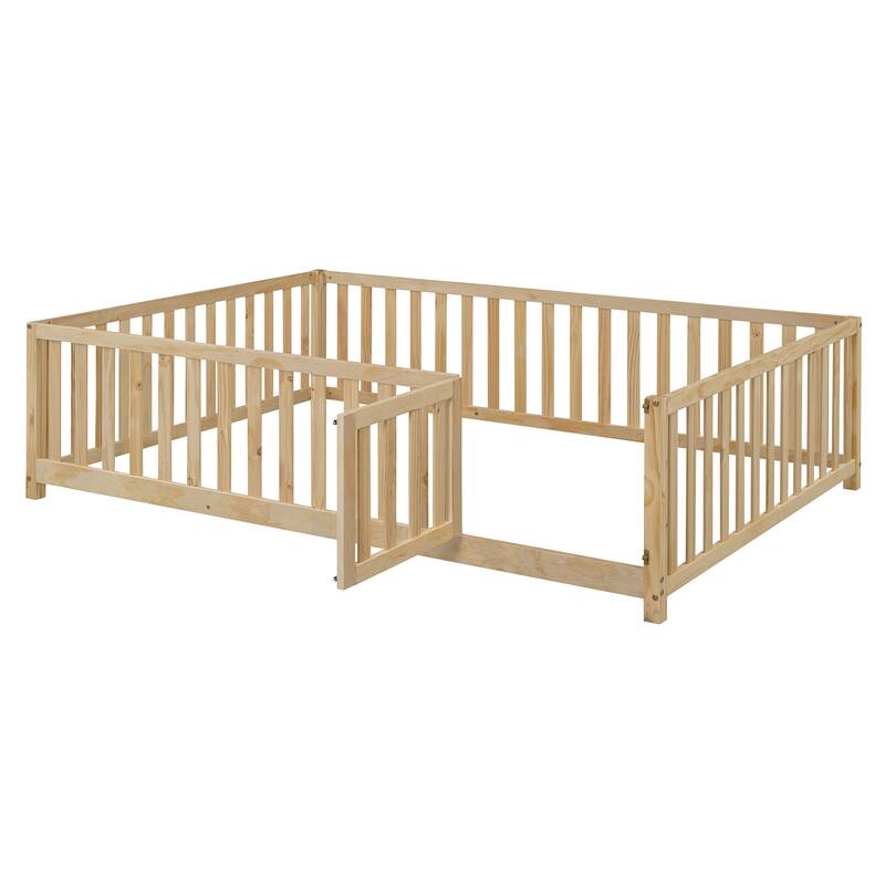 Full Size Wood Daybed with Fence Guardrails and 2 Drawers, Convertible to Floor Bed and Daybed, Natural Finish