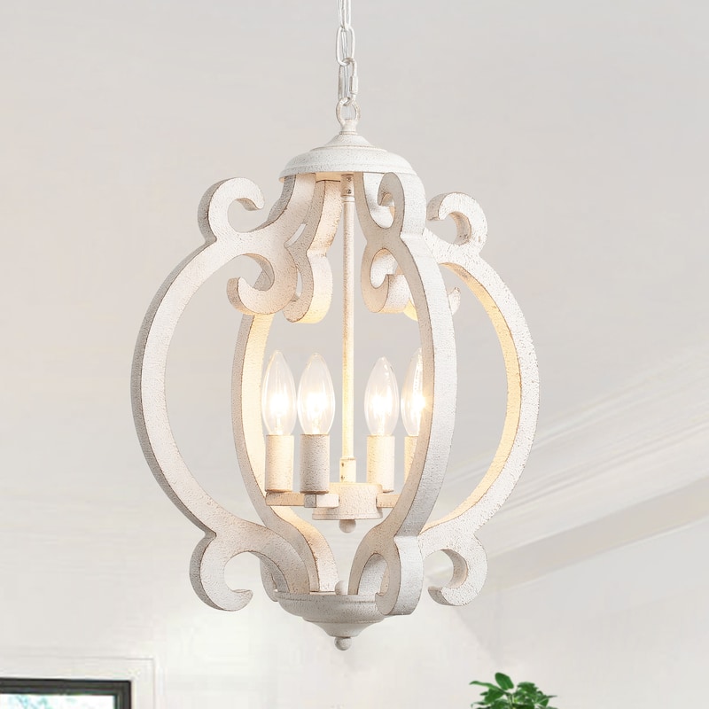 4-Light Antique Wood French Country Chandelier Vintage Pendant for Dining Room - Retro White