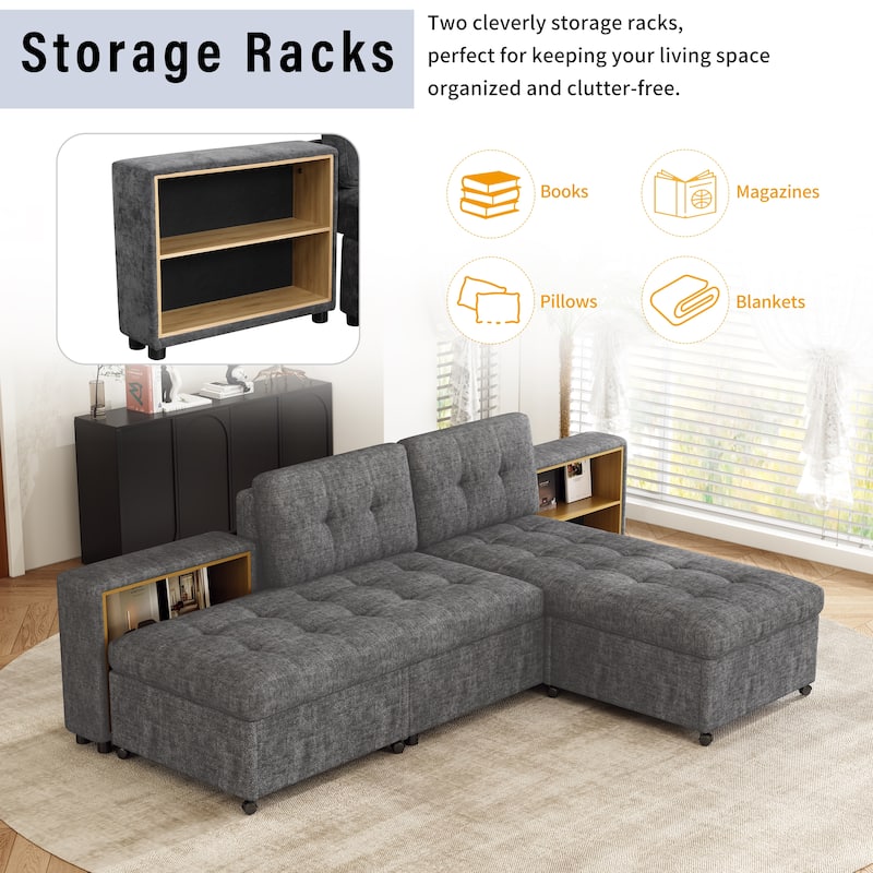 Modern Modular Sofa Bed with Built in Storage Racks and Chenille Upholstery and multiple wheels for Living Room