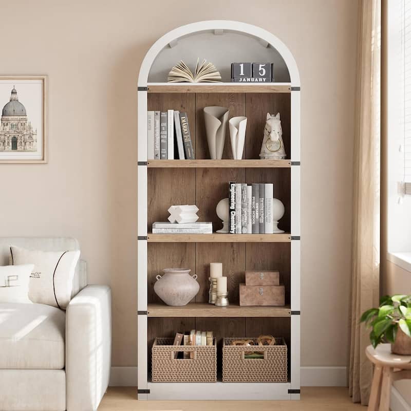 Tall Farmhouse 5-Tier Arched Bookcase, Display Storage Shelf - N/A - White
