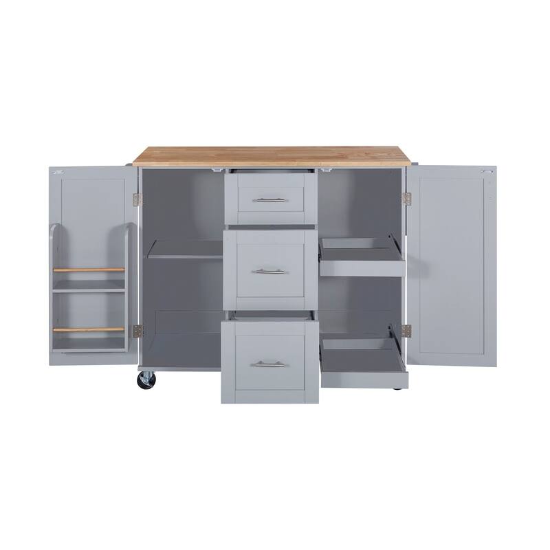Rubberwood Kitchen Cart with Internal Storage Rack, Spice Rack, 2 Slide-Out Shelf, and 3 Drawer